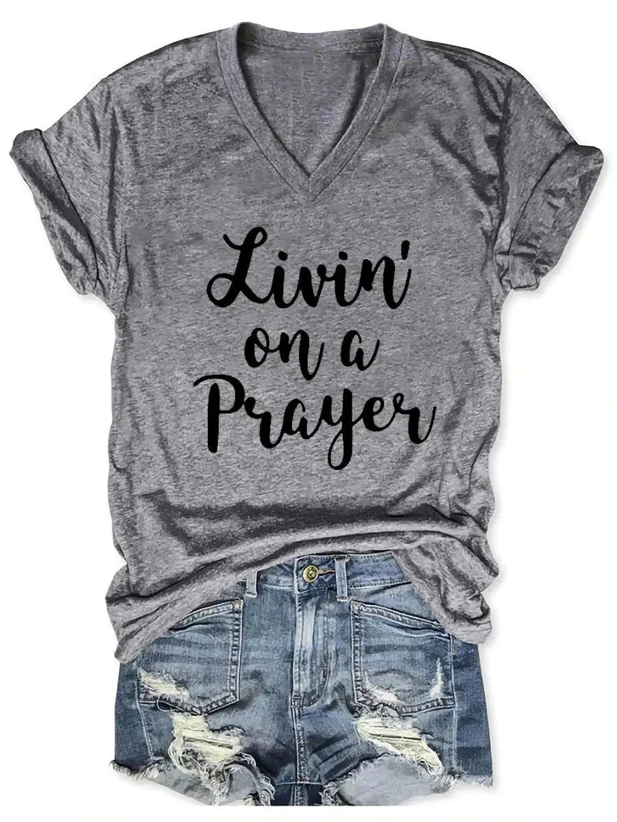 Women's Livin' On A Prayer V-Neck Shirt Pi-Mart