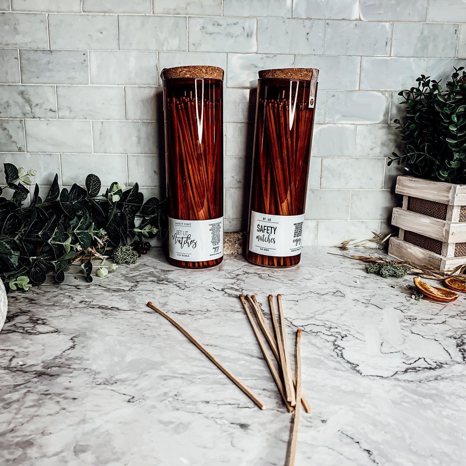 9 Inch Apothecary Matches Extra Large Safety in Amber Glass Jar With Cork Lid BandsCo Straps