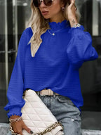 Smocked Frill Mock Neck Long Sleeve Blouse - SJB-DIAMOND ELITES