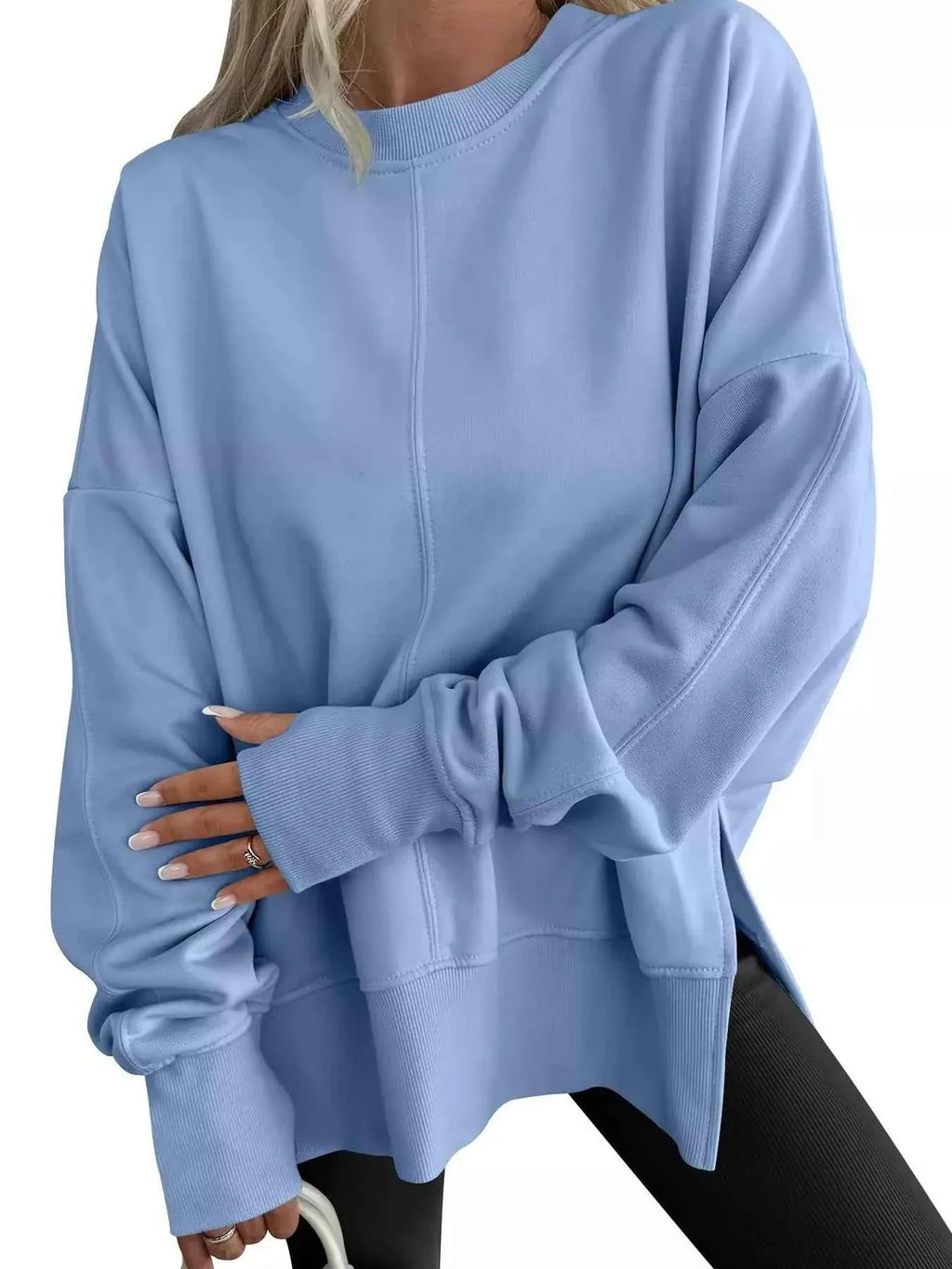 Side Slit Round Neck Long Sleeve Sweatshirt THRIXINE