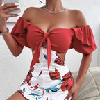 Ladies' Fashionable Casual Floral Print Off Shoulder Knot Decoration Hollow Jumpsuit - SJB-DIAMOND ELITES