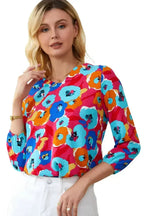 Floral Print V Neck Blouse - 3/4 Sleeve & Non-Stretch | Femstylo