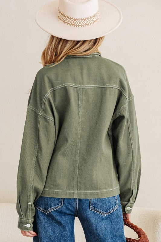 Denim Button-Up Patch Pocket Collared Jacket THRIXINE