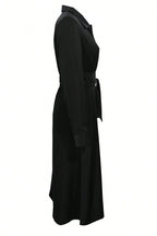 Elegant Black Collared Neck Long Sleeve Midi Shirt Dress Tied and Buttoned Women’s Dress