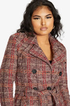 Wool Blend Check Double Breasted Military Coat