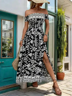 Off-Shoulder Slit Dress - Flowy Viscose Dress | Femstylo