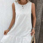 Ladies' Solid Color Vacation Style Hollow Flower Pattern Details Round Neck Off Shoulder Wide Shoulder Strap Mushroom Edge Hanging Pleat Elegant Style Dress - SJB-DIAMOND ELITES