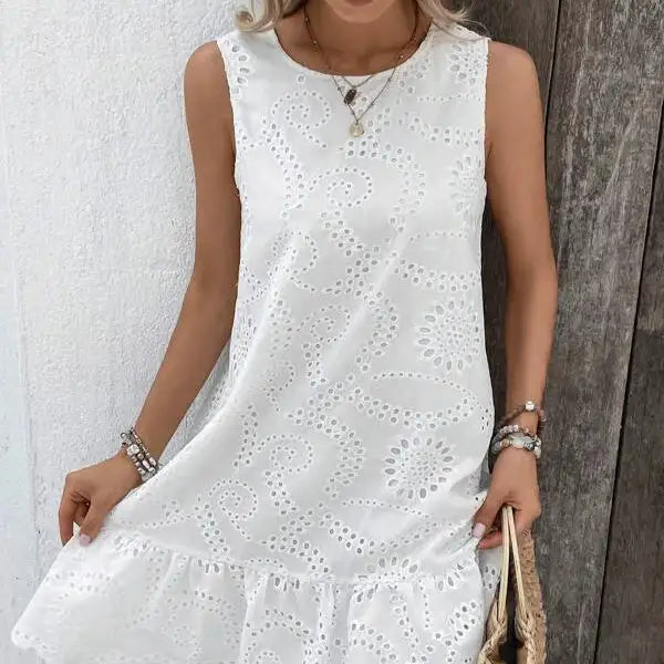 Ladies' Solid Color Vacation Style Hollow Flower Pattern Details Round Neck Off Shoulder Wide Shoulder Strap Mushroom Edge Hanging Pleat Elegant Style Dress - SJB-DIAMOND ELITES