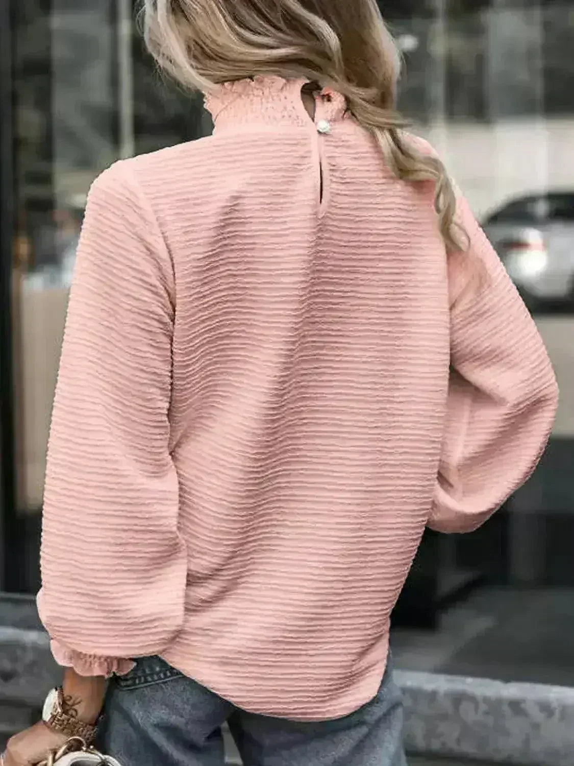 Smocked Frill Mock Neck Long Sleeve Blouse - SJB-DIAMOND ELITES