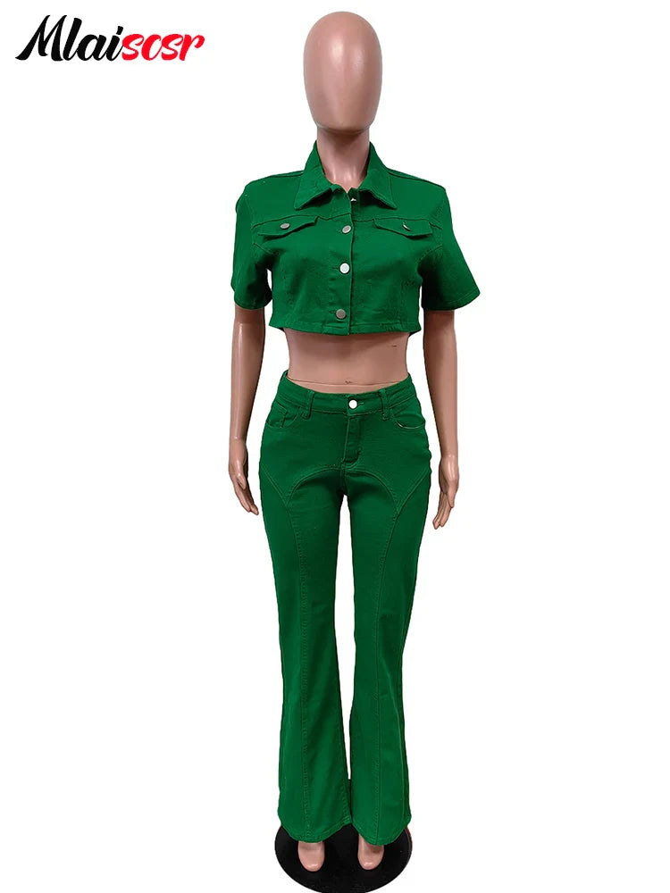 Mlaiscsr Green Denim Baddies Outfits for Women Two 2 Pieces Set Flare Jeans and Crop Top Stretch Suits Birthday Party Clubwear Purplish Diva