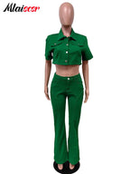 Mlaiscsr Green Denim Baddies Outfits for Women Two 2 Pieces Set Flare Jeans and Crop Top Stretch Suits Birthday Party Clubwear Purplish Diva