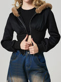 Black Fuzzy Hem Hooded Zip-Up Jacket With Long Sleeves and Casual Style Jacket Stevvex