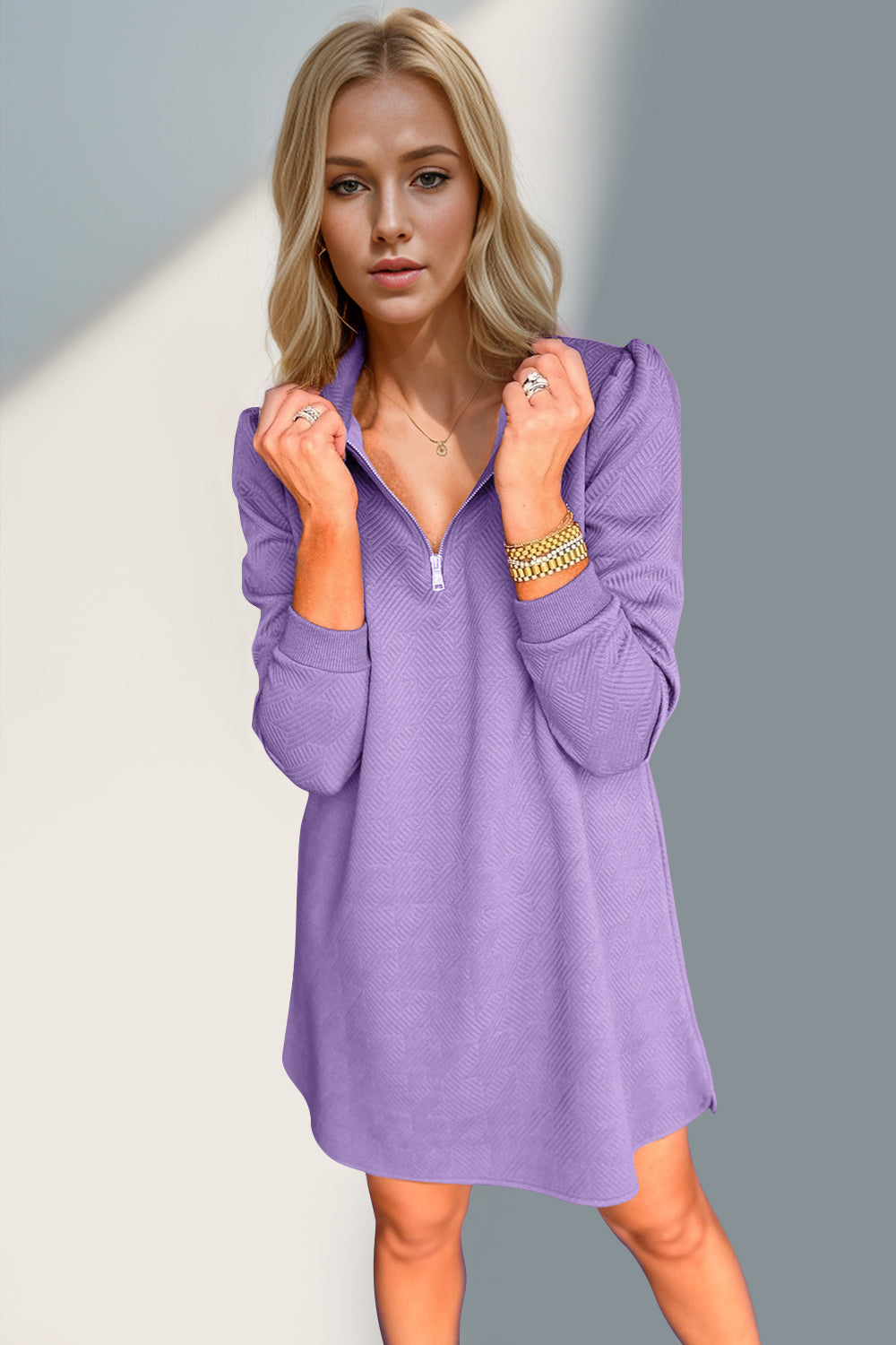Double Take Textured Zip Long Sleeve Dress Classic Zip-Up Dress for Women Comfortable Outdoor Dress Stevvex