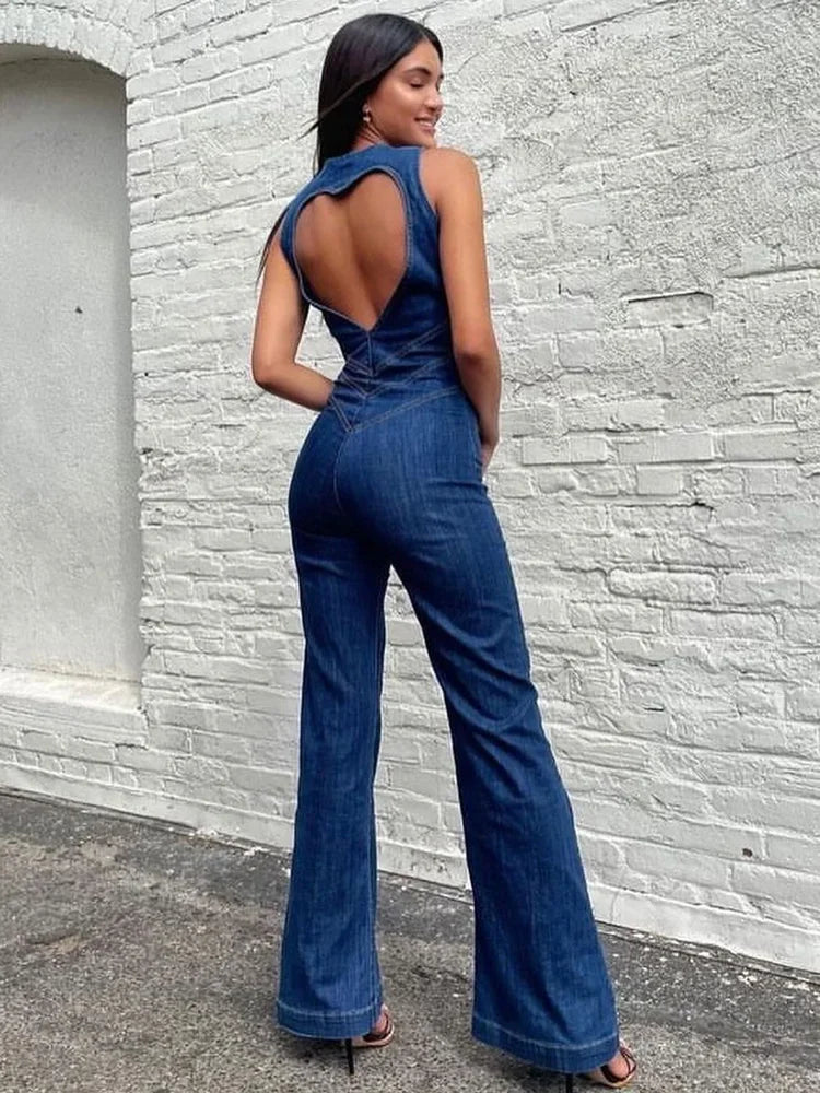 TARUXY Backless Heart Cutout Bodycon Jumpsuit For Women Casual Sleeveless Slim One-Piece Outfits Retro Denim Jumpsuits New 2025 Purplish Diva