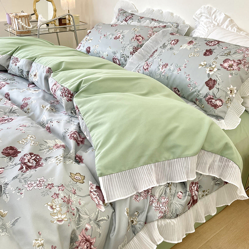 Washed Cotton Small Floral Quilt Cover, Four Piece Bed Sheet Set Pi-Mart