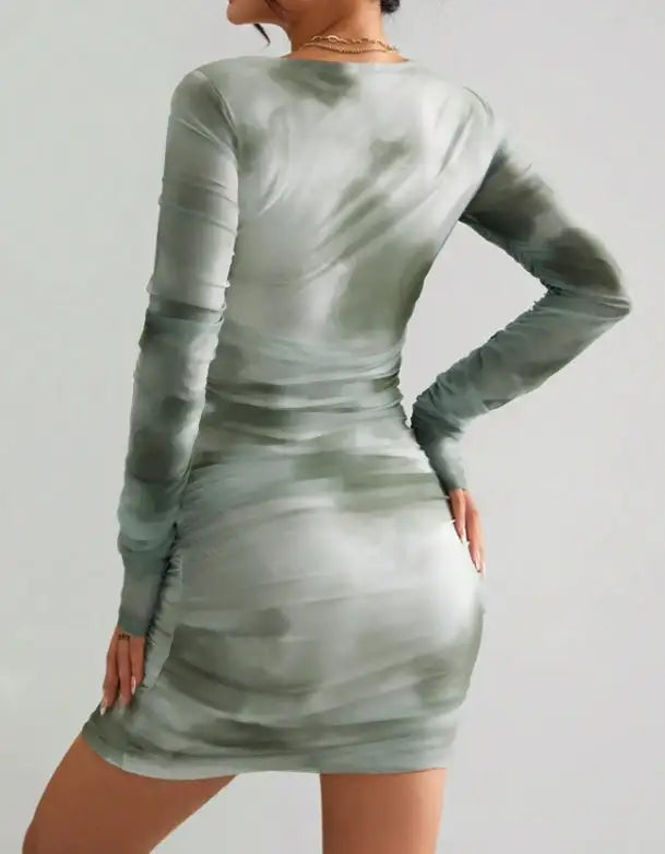 Ladies' Square Neck Printed Fashionable Slim Fit Dress With A Wrapped Buttocks - SJB-DIAMOND ELITES