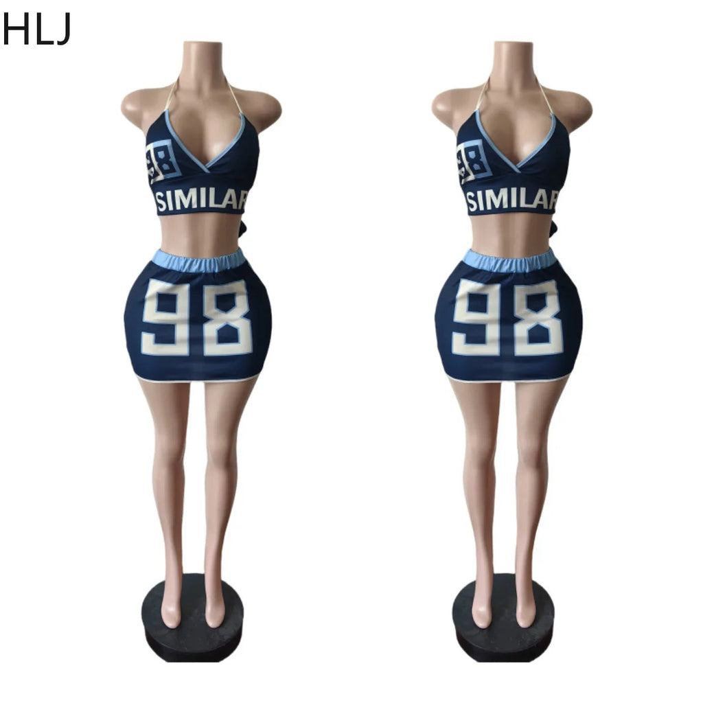 HLJ Blue Sexy Y2K Letter Printing Mini Skirts Two Piece Sets Women Halter V Neck Bangage Slim Crop Top And Skirts Outfits 2025 Purplish Diva
