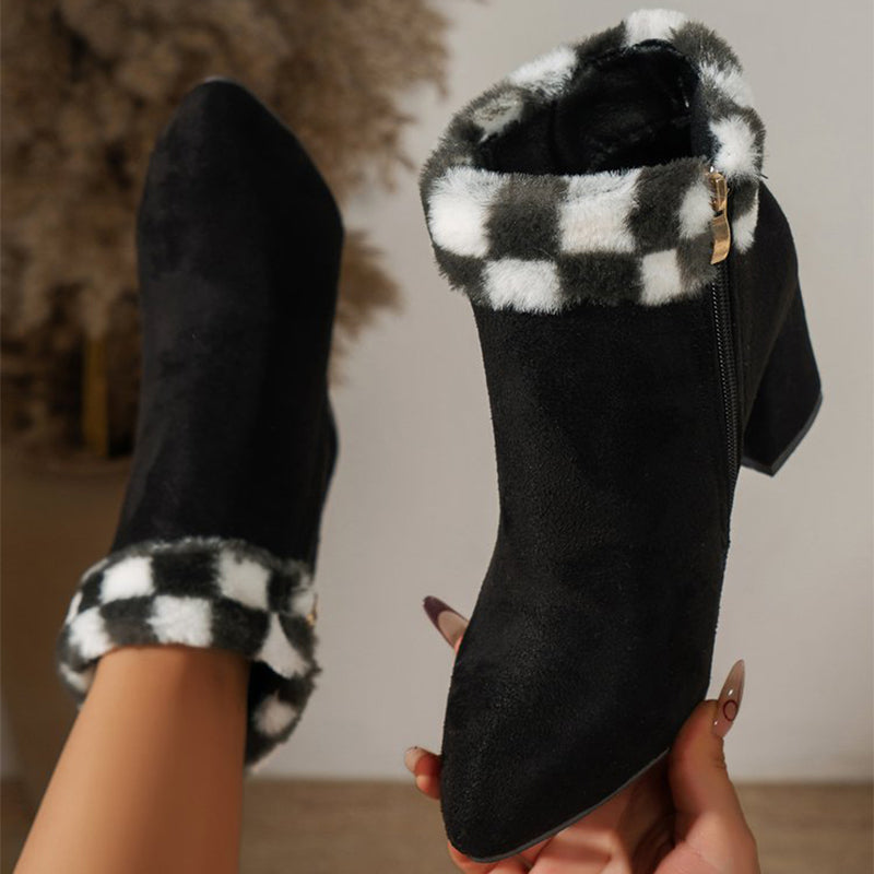 New Plaid Print Plush Ankle Boots Winter Fashoin Square Heel Suede Boots Women Casual Versatile Shoes Autumn And Winter Pi-Mart
