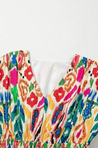 Sky Blue Abstract Print V Neck Dolman Sleeve Ruffle Tiered Mini Dress