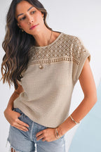 Mist Green Hollow Patchwork Waffle Knit Top