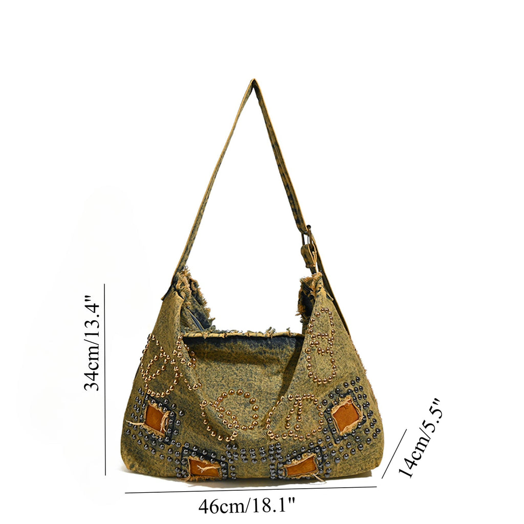 Large capacity hobo shoulder tote bag, retro denim bag, stylish crossbody bag, rivet design shoulder bag - SJB-DIAMOND ELITES