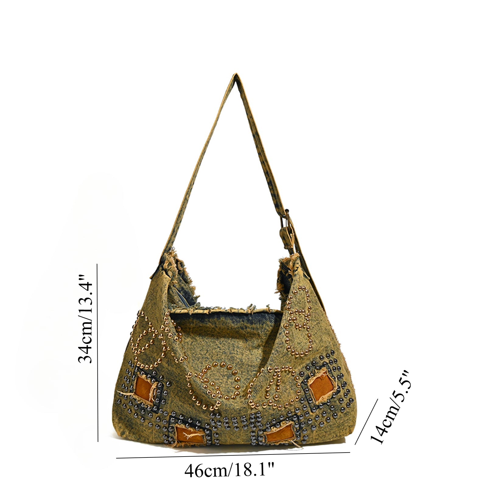 Large capacity hobo shoulder tote bag, retro denim bag, stylish crossbody bag, rivet design shoulder bag - SJB-DIAMOND ELITES