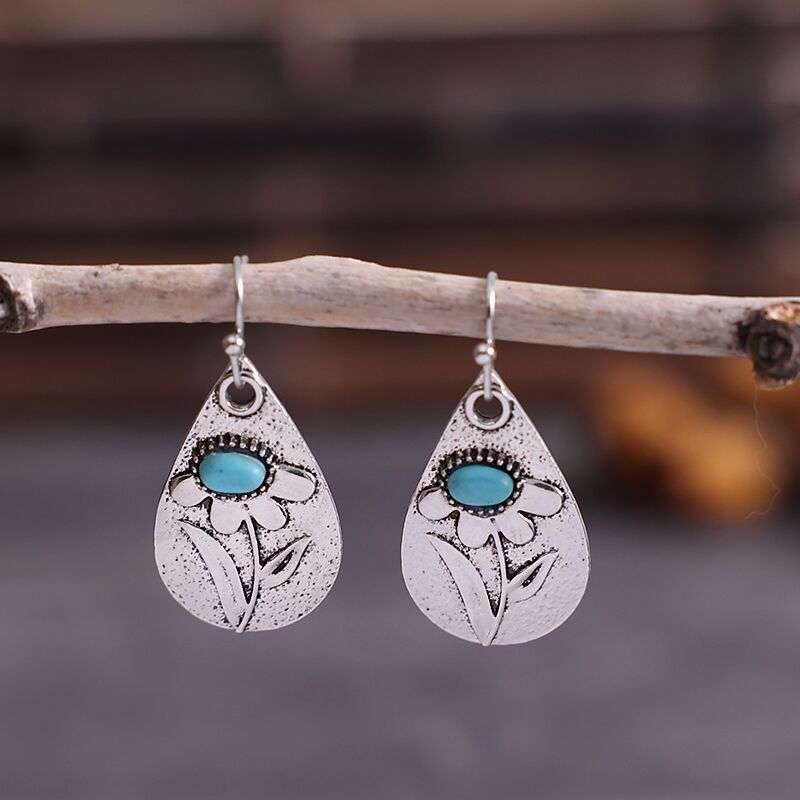 Alloy Carved Earrings Inlaid Turquoise Pi-Mart