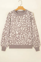 Gray Leopard Spots Pattern Ribbed Trim Drop Shoulder Sweater