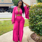 Casual Spring And Autumn For Women's Solid Color Long Sleeved Chest Wrap Top and Wide Leg Trousers Female Office 2 Piece Set Purplish Diva