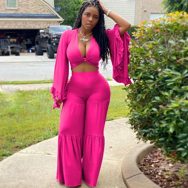Casual Spring And Autumn For Women's Solid Color Long Sleeved Chest Wrap Top and Wide Leg Trousers Female Office 2 Piece Set Purplish Diva
