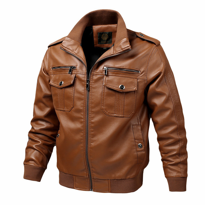 Men's Slim Fit PU Leather Jacket - Stand Collar Biker Style Motorcycle Coat