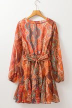 Orange Boho Paisley Print Long Sleeve Pleated Belted Mini Dress