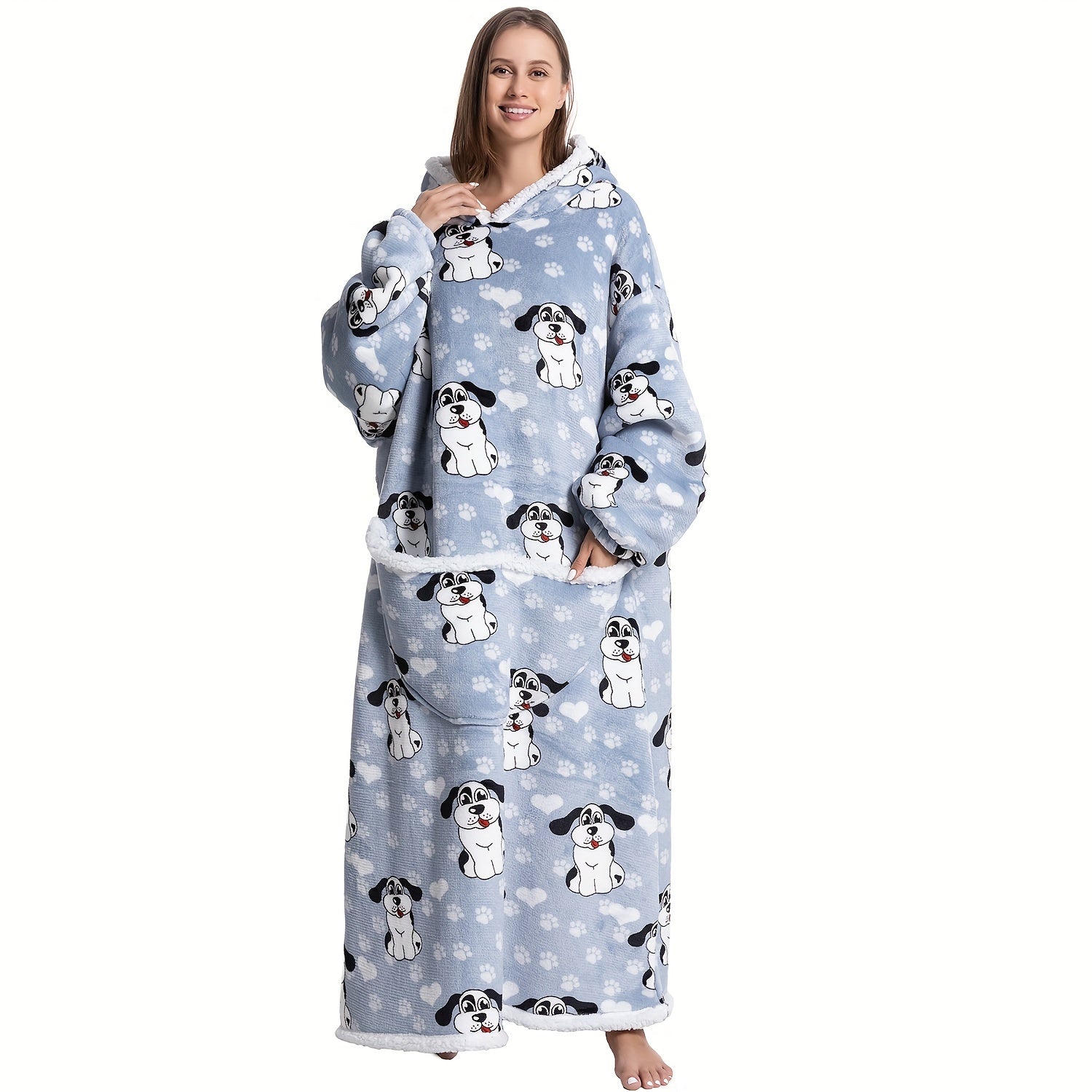 1pc Extra Long Oversized Cat Print Sherpa Fleece Hooded Blanket Sweatshirt - Ultra Soft, Warm, Wearable, Machine Washable, and Industrial Style - Perfect Gift for Women and Men Adults Lootquake LLC