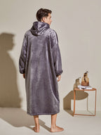 Men's Oversized Warm And Comfortable Flannel Blanket Robe, Long Sleeve Zipper Hoodie Sweatshirt Hooded Sleep Robe With Deep Pocket Pajamas Loungewear Robe For Autumn Winter
