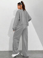 Casual Solid Color Zipper Jacket and Wide Leg Pants Set