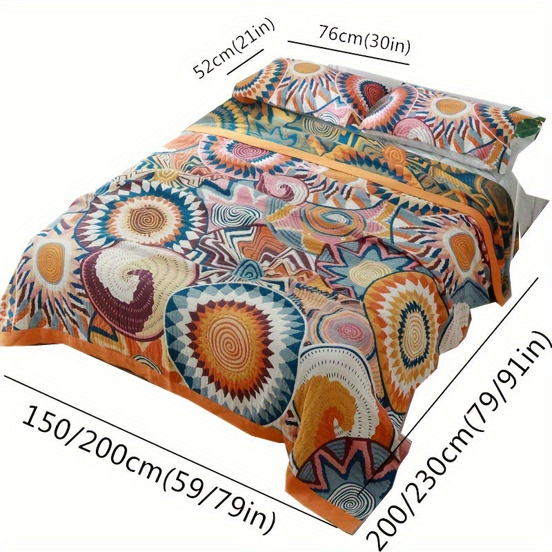 4 Layers Boho Style Gauze Blanket Set - Soft, Breathable, Lightweight, 100% Cotton, Colorful Muslin Throw Blanket for All Seasons with 1 Boho Gauze Blanket and 2 Pillow Covers without Pocket