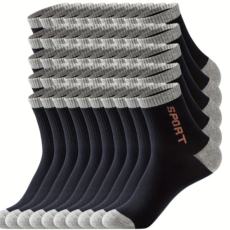 50 Pairs Of Men's Solid Letter Print Sport Crew Socks, Breathable Sweat-absorbing Comfy Soft Casual Simple Style Socks All Seasons Wearing Lootquake LLC