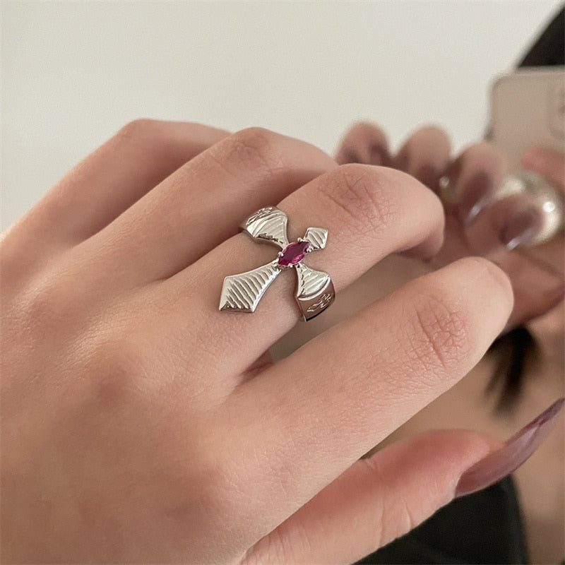 Red Zircon Cross Open Ring Pi-Mart