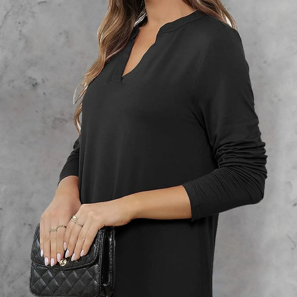 Women's Solid Color Waistband Top With Rolled Sleeves, V-neck Shirt, Long Sleeved Shirt, T-shirt - SJB-DIAMOND ELITES