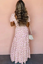 White Frill Neckline Shirred Bodice Floral Maxi Dress