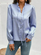 Striped Tie Neck Long Sleeve Blouse – Femstylo - SJB-DIAMOND ELITES