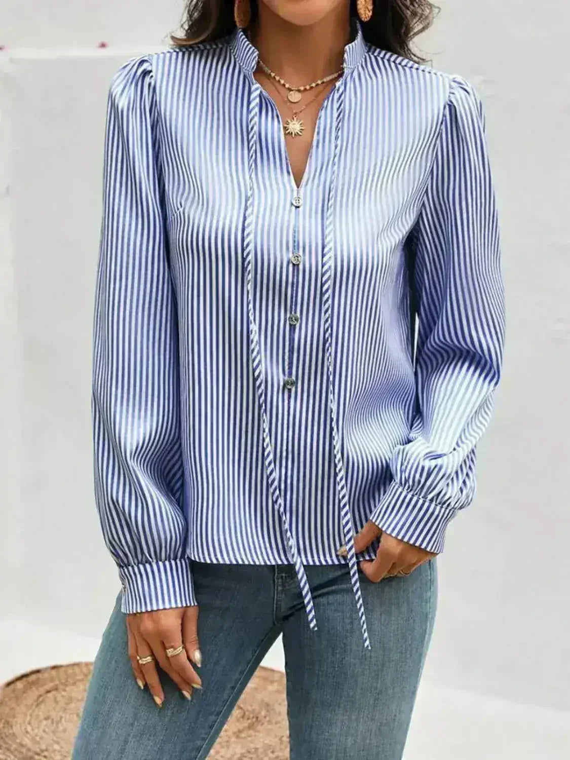 Striped Tie Neck Long Sleeve Blouse – Femstylo - SJB-DIAMOND ELITES