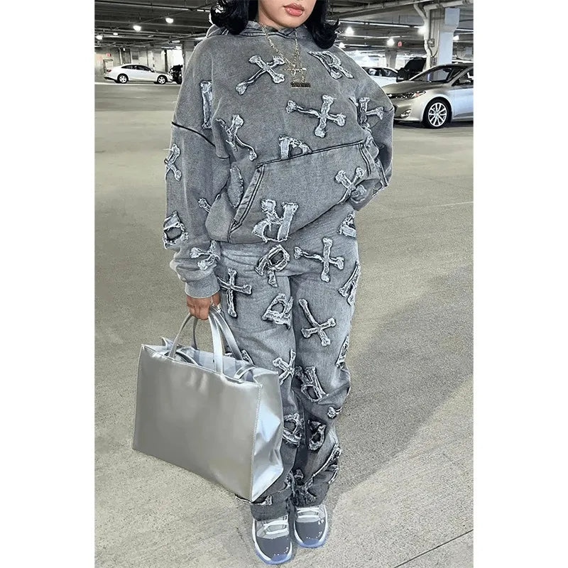 Fitness Women 2 Piece Set Fake Denim Printed Baggy Hoodies Jogging Pants Matching Set 2023 Fall Winter Outfits Sporty Tracksuits Purplish Diva