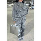 Fitness Women 2 Piece Set Fake Denim Printed Baggy Hoodies Jogging Pants Matching Set 2023 Fall Winter Outfits Sporty Tracksuits Purplish Diva