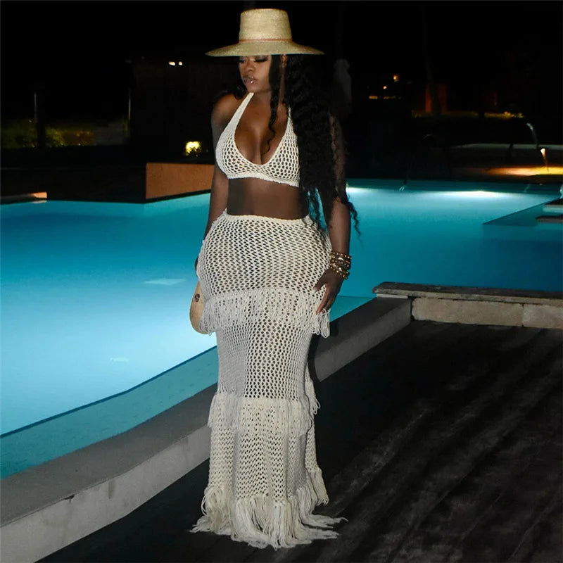Knitted Crochet 2 Piece Skirt Sets Sexy Ruffle Elegant Fringe Tassel Dress 2024 Summer Outfits Crop Top Two Piece Skirt Sets Purplish Diva