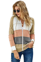 Womens Multicolor Zipped Front Colorblock Hollow-out Knit Hoodie - SJB-DIAMOND ELITES