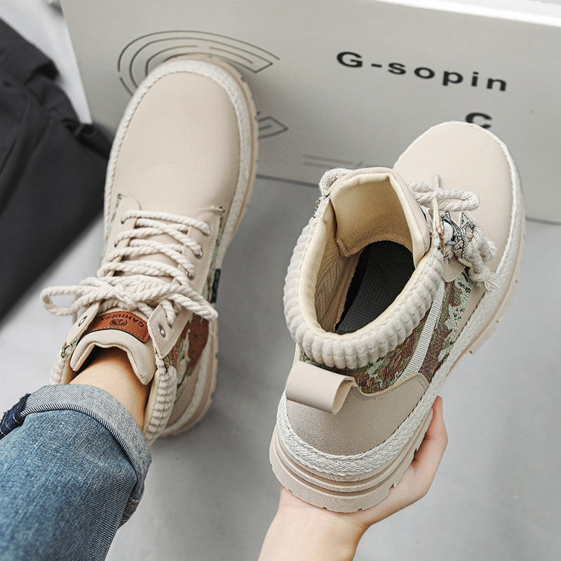 Men's Print Boots Autumn And Winter High-top British Style Comfy Breathable Casual Flat Shoes Outdoor Walking Running Boots Pi-Mart