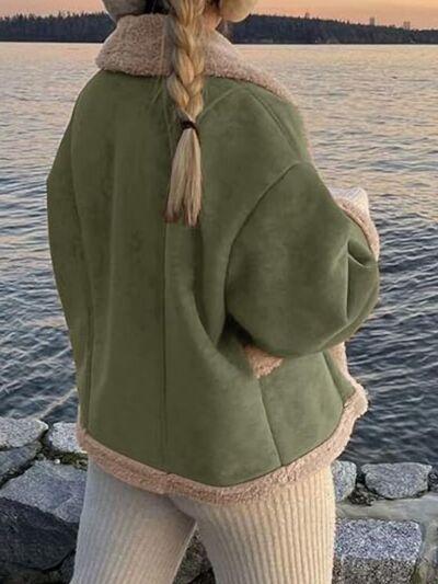 Fuzzy Collared Neck Long Sleeve Jacket with Buttoned Closure and Cozy Pockets Stevvex