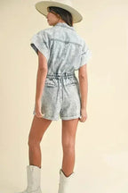 Annie Wear Elastic Waistband Short Sleeve Denim Romper