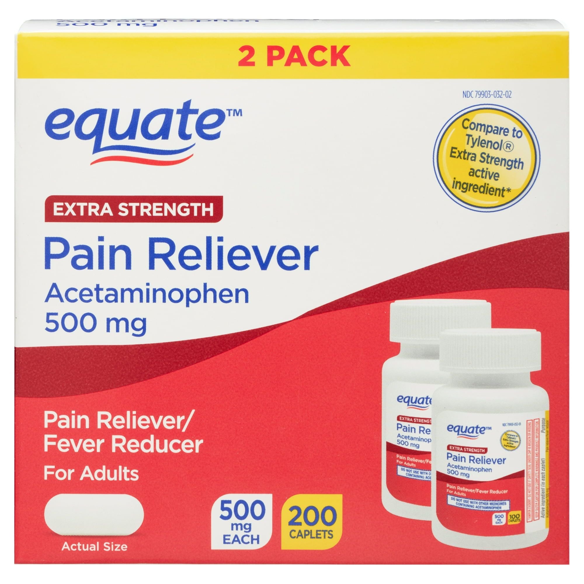 Equate Extra Strength Acetaminophen Pain Reliever Caplets; 500 mg; 200 Count; 2 Pack